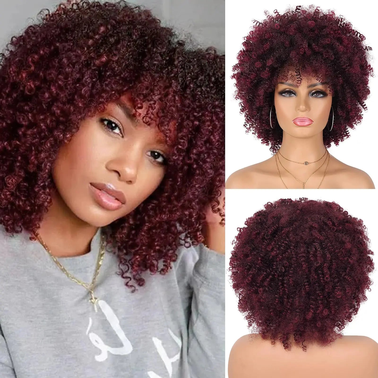 Looxey Afro Wig for Black Women Fluffy and Soft Synthetic Kinky Curly Wig Glueless Short Curly Wig Ombre Burgundy Curly Wig with Bangs Curly Hair Wig for Daily Party